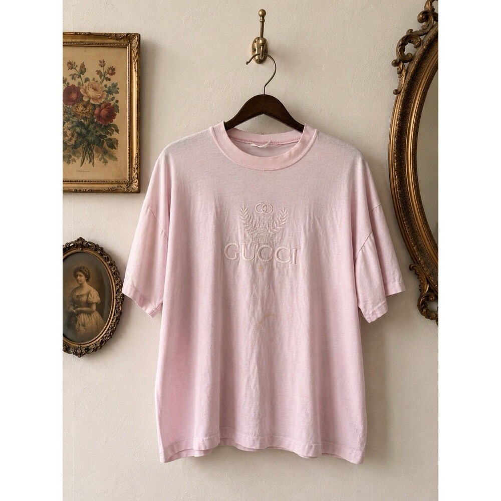Authentic 1980s Gucci Cotton Tee Made In Italy Pink Embroidered Gucci T-Shirt